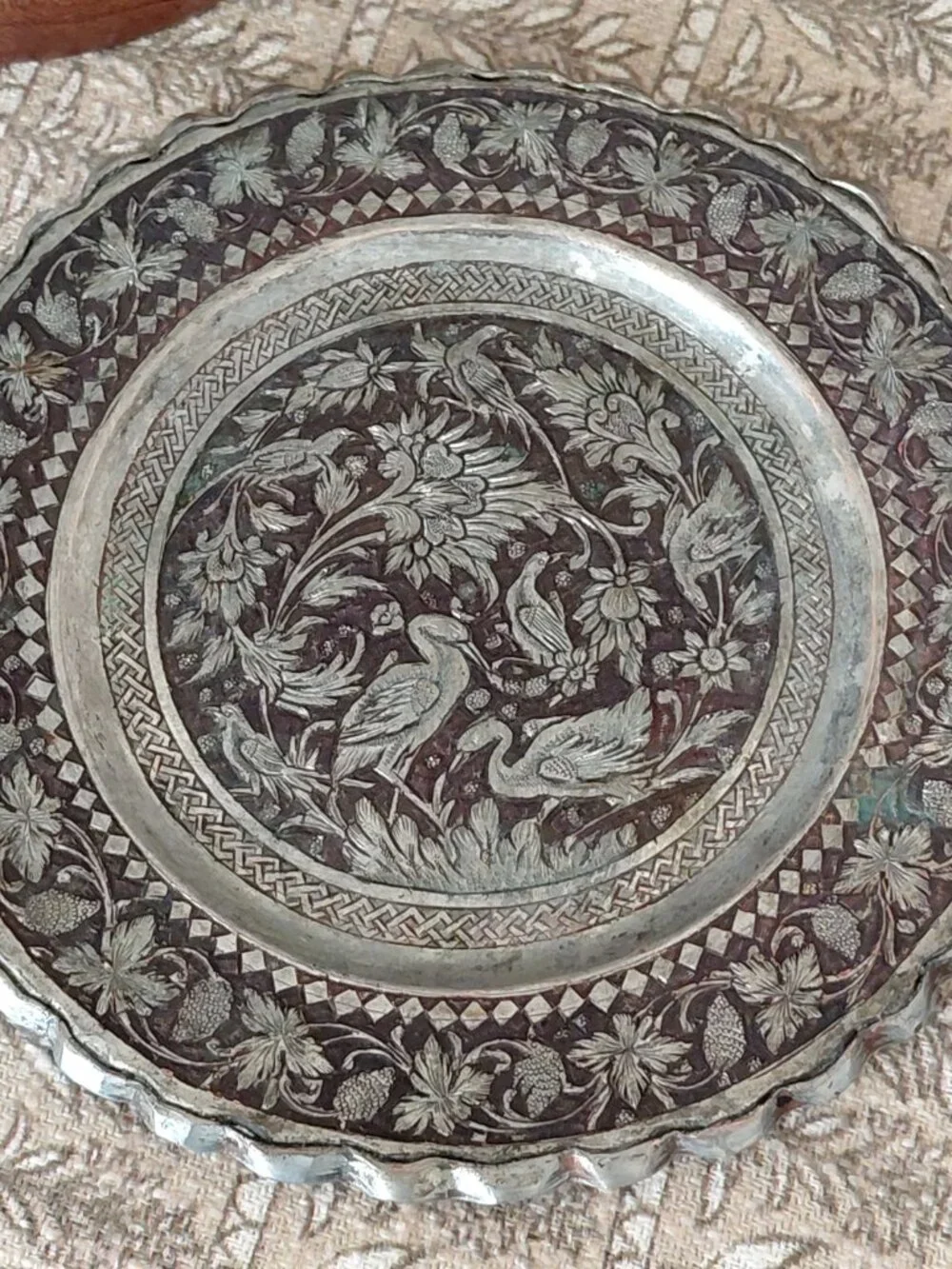 Vintage Persian Ghalamzani Plate with Cranes